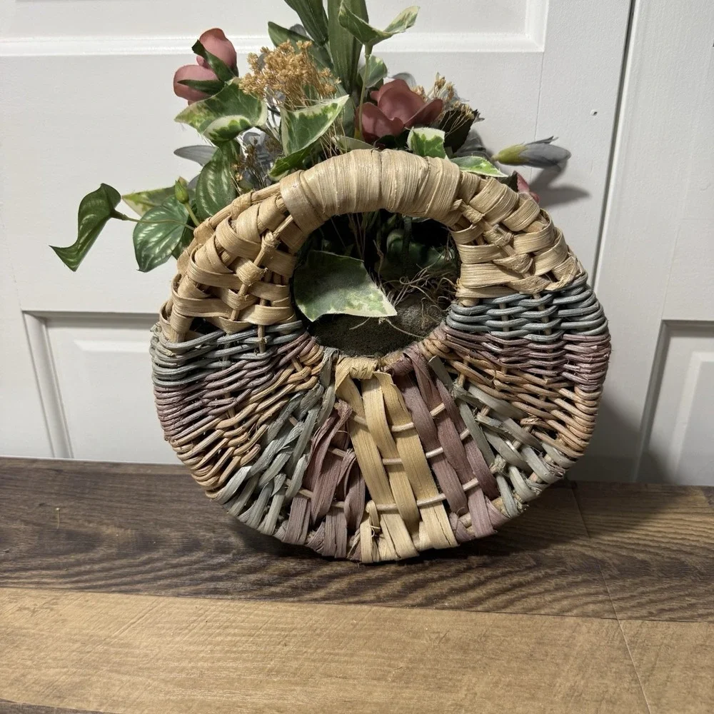 Vintage Pastel Basket Wall Pocket w/ Faux Flowers Pinks/blue Farmhouse Cottage